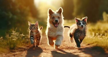 ai généré chiens courir dans herbe et chats courir sur le de face Cour photo