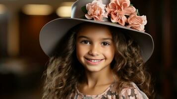 ai généré une Jeune fille avec une chapeau, souriant brillamment. génératif ai photo