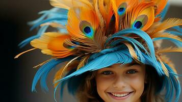 ai généré une fille portant une à plumes chapeau, à la recherche élégant et confiant. génératif ai photo