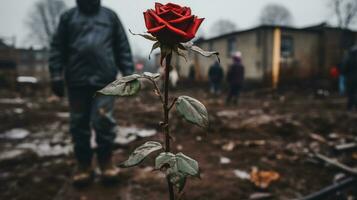 ai généré une vibrant rouge Rose des stands seul dans le centre de une vaste champ, mettant en valeur ses beauté et élégance. génératif ai photo