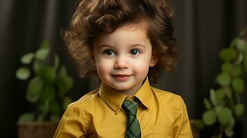 ai généré une Jeune garçon portant une Jaune chemise et vert cravate. génératif ai photo