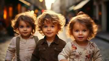 ai généré Trois Jeune les enfants permanent dans une rue, portant coloré vêtements et souriant Heureusement. génératif ai photo