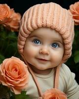 ai généré une mignonne bébé dans des roses portant une chapeau. génératif ai photo