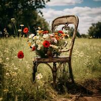 ai généré vue de chaise sur jardin. fleur sur banc contre vert feuillage. un vieux patiné en bois séance banc entouré par décoratif chalet jardin style les plantes. photo