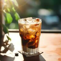 ai généré du froid brasser café avec Lait et la glace cubes dans transparent verre. du froid été en bonne santé les boissons concept. photo