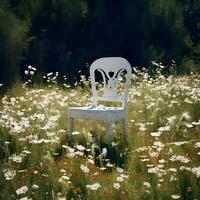 ai généré blanc chaise dans le parc le gros vert champ. chaise dans le herbe Prairie avec une blanc Marguerite et Jaune pissenlit fleur, paysage dans le Matin printemps saison photo