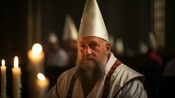 ai généré une barbu prêtre portant une blanc chapeau, symbolise le sien religieux rôle et traditionnel tenue. génératif ai photo