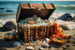 ai généré Trésor poitrine sur le le sable avec mer coquilles et des pierres, fermer, un ouvert Trésor poitrine rempli avec or et bijoux sur le plage, ai généré photo