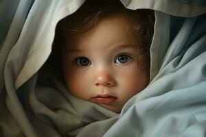 ai généré portrait de une mignonne peu bébé fille en dessous de le blanc couverture, magnifique bébé à la recherche en dehors de en dessous de couverture, ai généré photo
