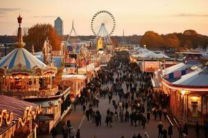 ai généré amusement parc dans le soir à le coucher du soleil. le champ de foire monte et monte, Bière tentes et champ de foire monte sur le oktoberfest dans Munich, ai généré photo