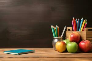 ai généré retour à école concept avec livres, Pomme et des crayons sur en bois tableau, retour à école Contexte concept, école Provisions sur une en bois arrière-plan, ai généré photo