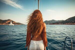 ai généré portrait de une magnifique Jeune femme voile sur une yacht à coucher de soleil, magnifique Jeune femme de le dos, permanent sur une yacht dans le méditerranéen mer, ai généré photo