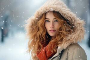 ai généré portrait de une magnifique Jeune femme dans une hiver parc. chute de neige, magnifique femme posant dans le neige sur une hiver jour, ai généré photo