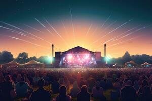 ai généré concert étape avec gens silhouettes et des rayons de lumière à nuit, public à un Extérieur concert à stade arène, ai généré photo