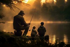 ai généré père et le sien deux fils pêche ensemble sur une brumeux lac, garçon, père et grand-père pêche dans lac, ai généré photo