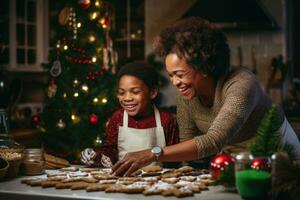 ai généré mignonne peu fille et sa mère fabrication pain d'épice biscuits pour Noël, noir africain américain peau foncée grand-mère et petit fils cuisson biscuits à Noël ensemble, ai généré photo