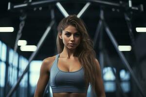 ai généré portrait de magnifique Jeune femme dans tenue de sport posant dans salle de sport, portrait de magnifique femme travail en dehors à salle de sport, ai généré photo