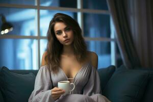 ai généré magnifique Jeune femme avec tasse de café séance sur canapé à maison, magnifique Jeune femme avec tasse de café séance sur canapé dans vivant chambre, ai généré photo