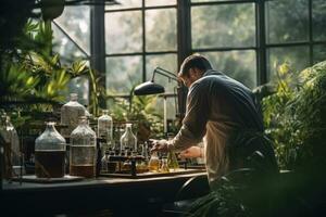 ai généré expériences dans le laboratoire. Jeune homme travail dans le laboratoire, biologiste travail dans une professionnel laboratoire, ai généré photo