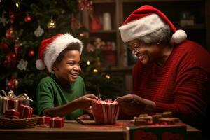 ai généré africain américain mère et fils ouverture Noël présente dans vivant chambre, noir africain américain peau foncée grand-mère et petit fils cuisson biscuits à Noël ensemble, ai généré photo