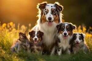 ai généré australien berger chiot avec mère et chiots dans le parc à coucher de soleil, Aussie chien maman avec chiots en jouant sur une vert Prairie atterrir, ai généré photo