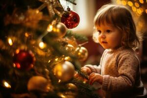 ai généré adorable peu fille décorer Noël arbre à maison. content famille, bébé dans de face de Noël arbre, ai généré photo