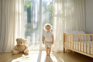 ai généré mignonne peu garçon en jouant avec nounours ours dans pièce à maison, bébé garçon dans blanc ensoleillé chambre à coucher, ai généré photo