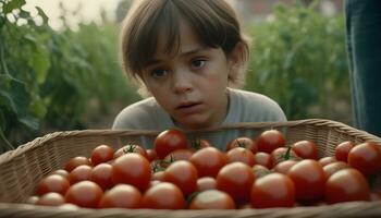 pauvres enfant à la recherche à tomates avec faim ai généré image photo