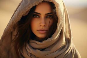 ai généré mode Extérieur photo de magnifique sensuel femme avec foncé cheveux dans élégant robe et châle posant dans désert, magnifique arabe femme portant voile dans sablonneux désert, ai généré