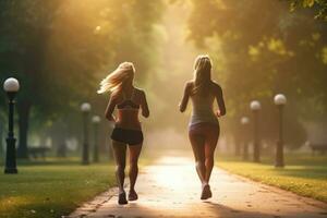 ai généré retour vue de deux sportif femmes fonctionnement ensemble dans le parc à coucher de soleil, beau femmes le jogging dans le parc dans dans le matin, ai généré photo