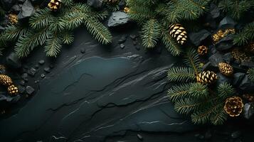 ai généré Noël décoration avec sapin branches sur une foncé schiste argileux arrière-plan, génératif ai. photo