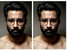 ai généré identique collage portrait de barbu homme torse nu avec des lunettes photo