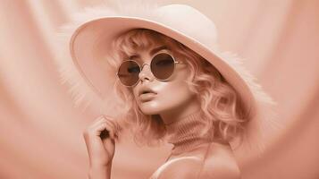 ai généré femme portant une rose chapeau et des lunettes de soleil, Couleur de le année 2024. ai généré. photo