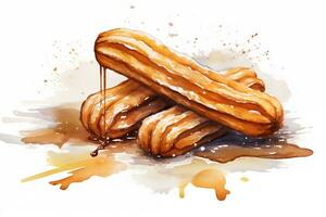 ai généré aquarelle Churros avec Chocolat sauce sur blanc Contexte. traditionnel Latin Américain, mexicain nourriture, cuisine. ai généré. photo