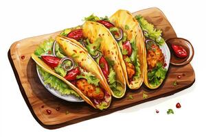 ai généré aquarelle mexicain tacos avec Viande et des légumes sur blanc Contexte. traditionnel Latin Américain, mexicain nourriture, cuisine. ai généré. photo