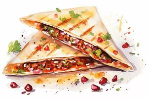 ai généré aquarelle mexicain Quesadilla avec haché Viande et des légumes sur blanc Contexte. traditionnel Latin Américain, mexicain nourriture, cuisine. ai généré. photo