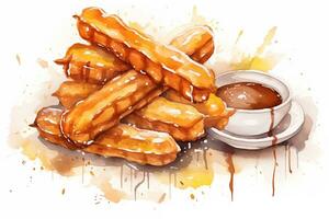 ai généré aquarelle Churros avec Chocolat sauce sur blanc Contexte. traditionnel Latin Américain, mexicain nourriture, cuisine. ai généré. photo