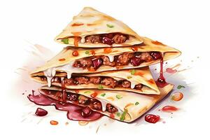 ai généré aquarelle mexicain Quesadilla avec haché Viande et des légumes sur blanc Contexte. traditionnel Latin Américain, mexicain nourriture, cuisine. ai généré. photo