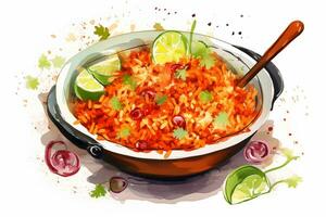 ai généré aquarelle mexicain rouge riz avec des légumes et herbes sur blanc Contexte. traditionnel Latin Américain, mexicain nourriture, cuisine. ai généré. photo