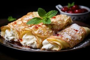 ai généré Crêpes avec chalet fromage, menthe et cerises. mince Crêpes avec remplissages. maslenitsa. généré par ai contenu photo