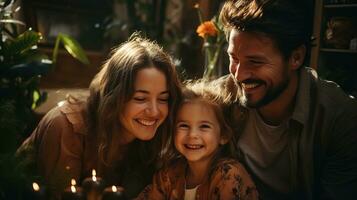 ai généré une aimant famille actions une joyeux moment dans leur vivant chambre. génératif ai photo