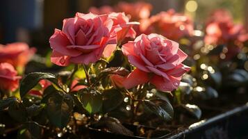 ai généré magnifique vue de rose des roses en dessous de le doux Matin Soleil. génératif ai photo