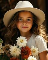 ai généré une Jeune fille dans une chapeau en portant fleurs. génératif ai photo