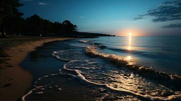 ai généré une silencieux bord de mer vue à le coucher du soleil. génératif ai photo