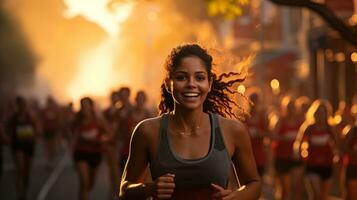 ai généré déterminé femelle coureurs pousser leur limites dans une vibrant ville marathon événement. génératif ai photo