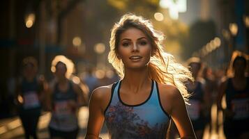 ai généré déterminé femelle coureurs pousser leur limites dans une vibrant ville marathon événement. génératif ai photo