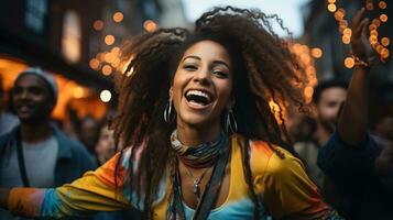 ai généré danseurs spectacle de leur se déplace à une animé Urbain rue Danse concours. génératif ai photo