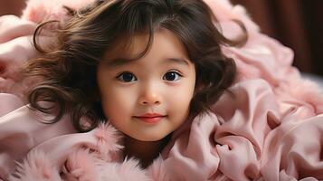 ai généré mignonne asiatique bébé fille regards en haut souriant en dessous de une doux rose couverture. génératif ai photo