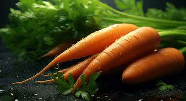 ai généré Frais carottes pour collations avec l'eau gouttes photo