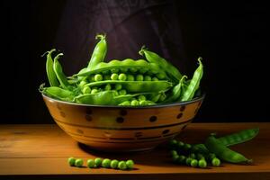 ai généré pois dans vert bol sur une en bois table photo